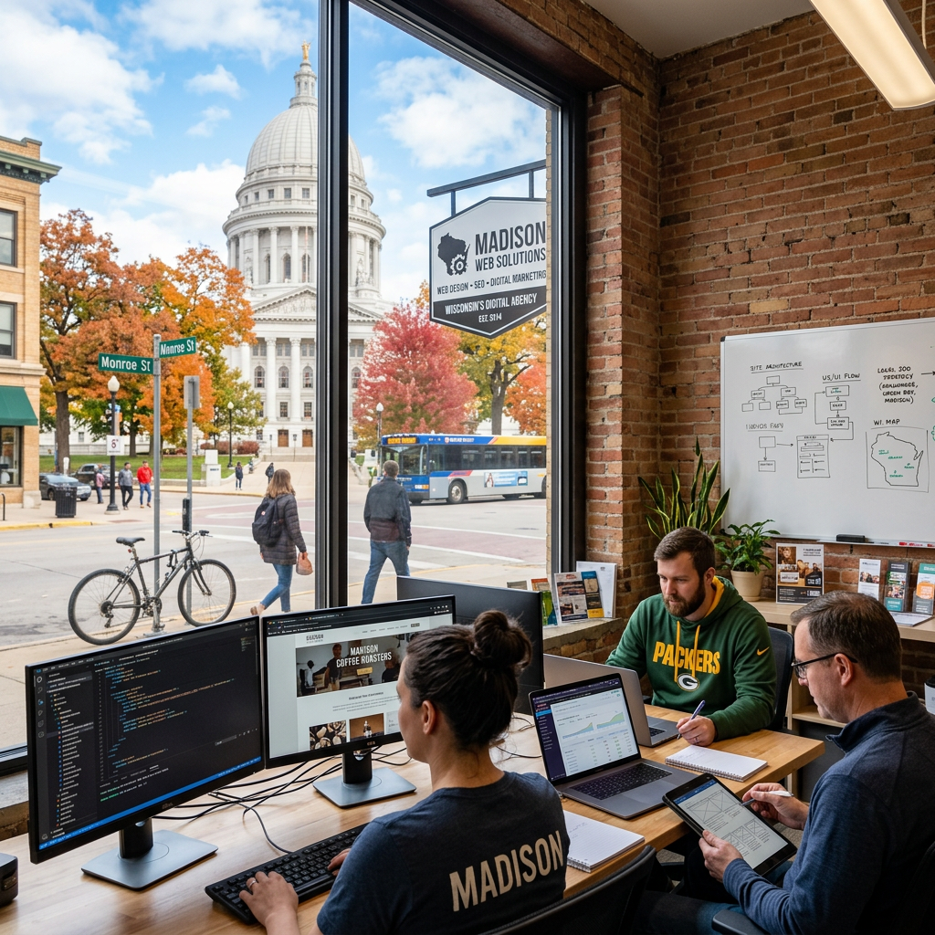 Team working on computers and tablets in office with view of Wisconsin State Capitol